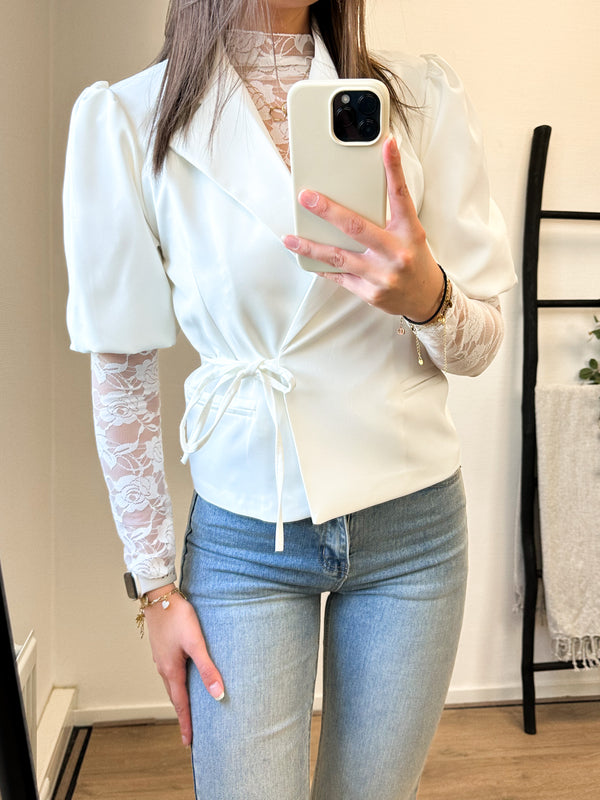 Lorah Bow Short Sleeve Blazer - White