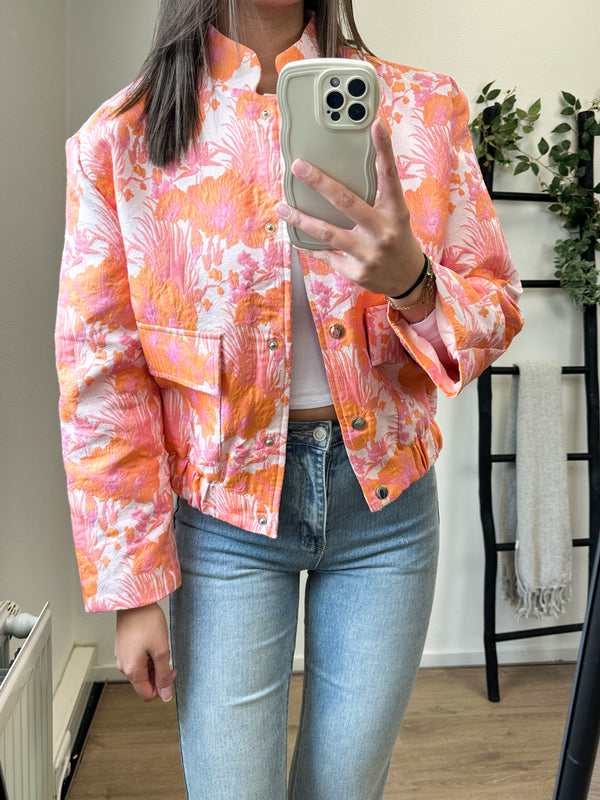 Jade Flower Printed Bomber Jacket - Pink/Orange