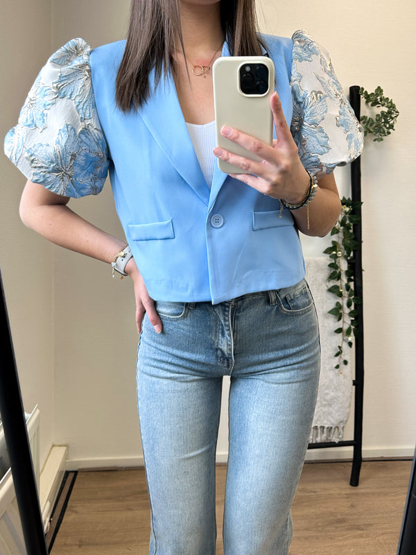 Jenice Flower Puff Short Sleeve Blazer - Light Blue