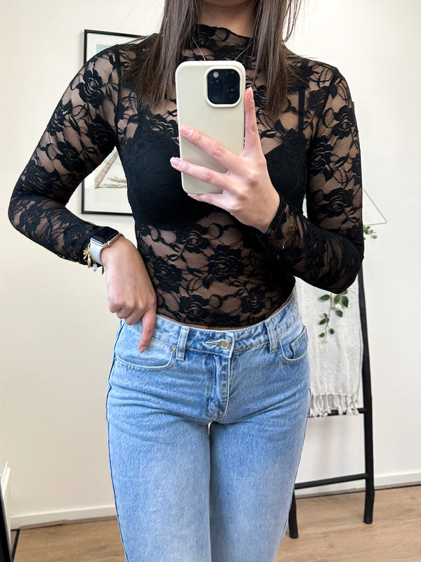 Roses Lace Printed Top - Black