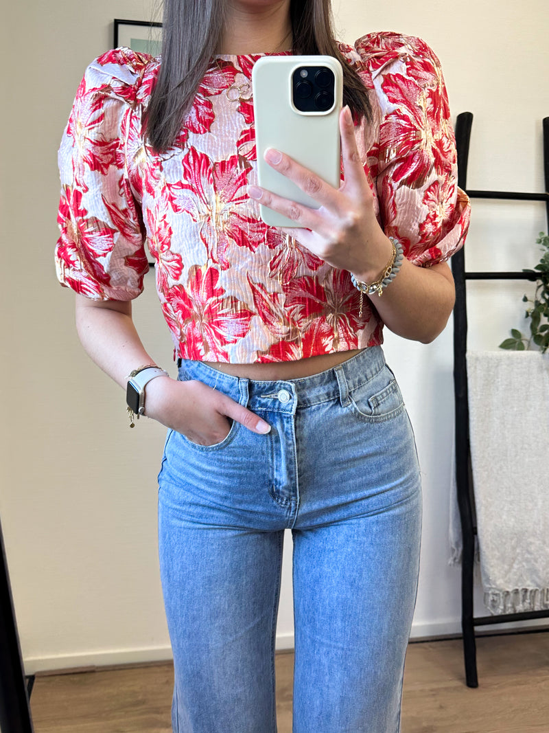 Vivian Flower Puff Sleeve Top - Rouge