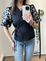 Kaylee Flower Puff Short Sleeve Blazer - Black/Gold