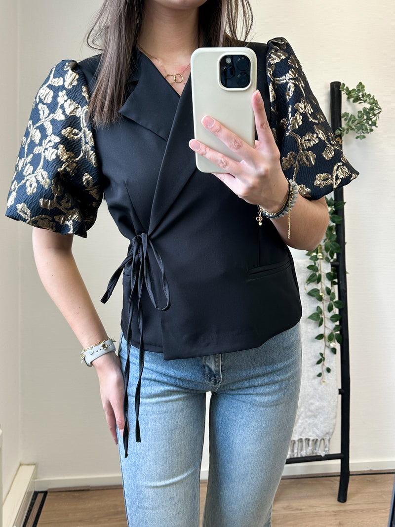 Kaylee Flower Puff Short Sleeve Blazer - Black/Gold