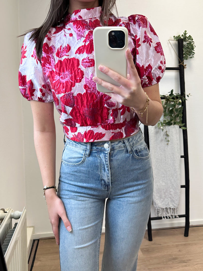 Nathaly Open Back Flower Puff Sleeve Top - Red