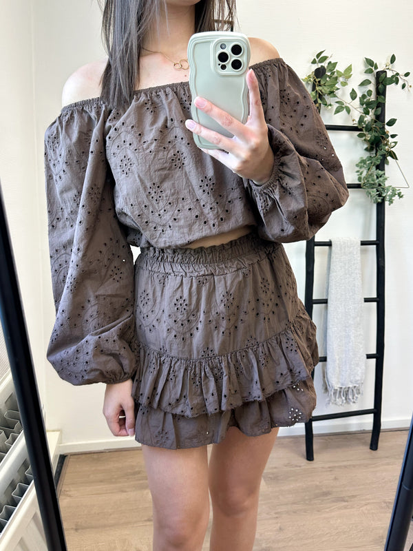 Luana Broderie Two Piece Set - Brown