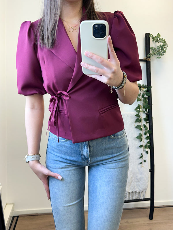 Lorah Bow Short Sleeve Blazer - Bordeaux