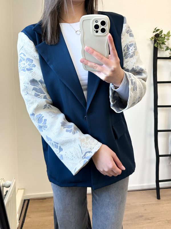 Cindy Printed Sleeve Blazer - Navy