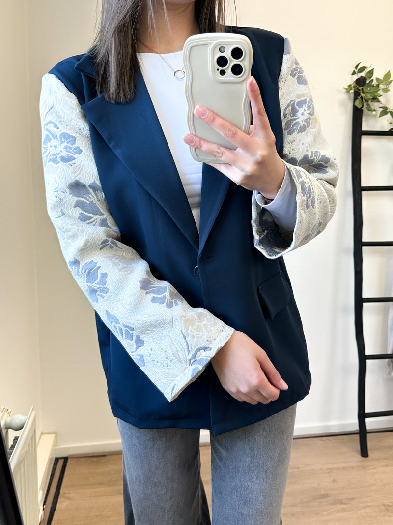 Cindy Printed Sleeve Blazer - Navy
