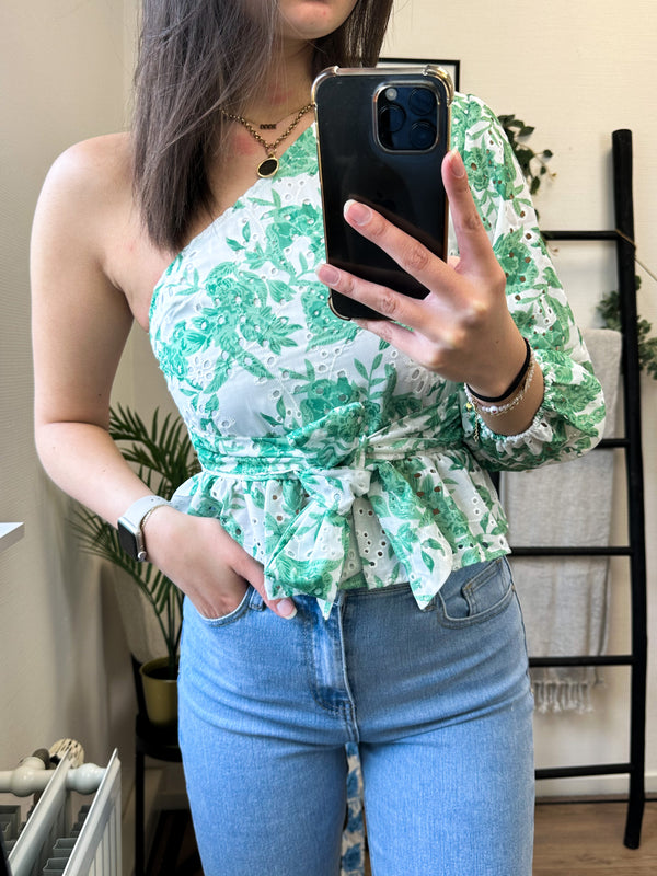Nicky One Shoulder Top - Printed Green