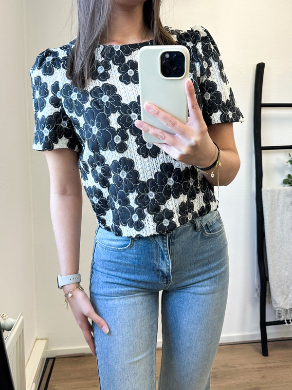 Elayna Flower Printed Top - Ecru/Black