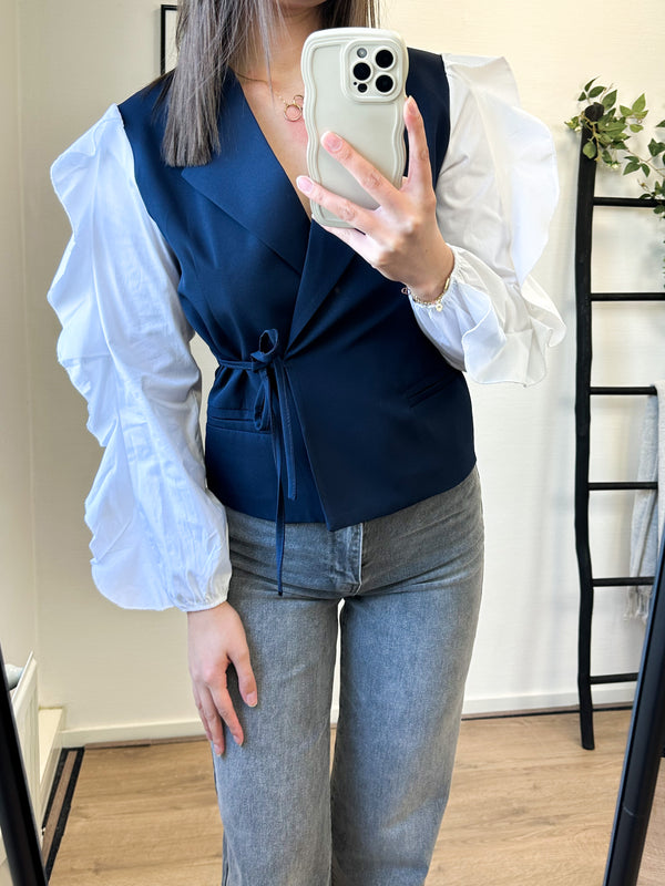 Sherin Ruffle Bow Sleeve Blazer - Navy