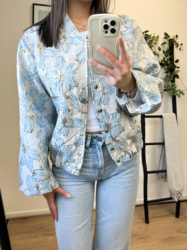 Erica Flower Printed Bomber Jacket - Light Blue