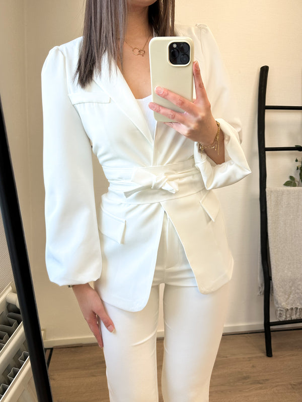 Jennifer Puff Sleeve Belt Blazer - White