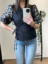 Kaylee Flower Puff Short Sleeve Blazer - Black/Gold