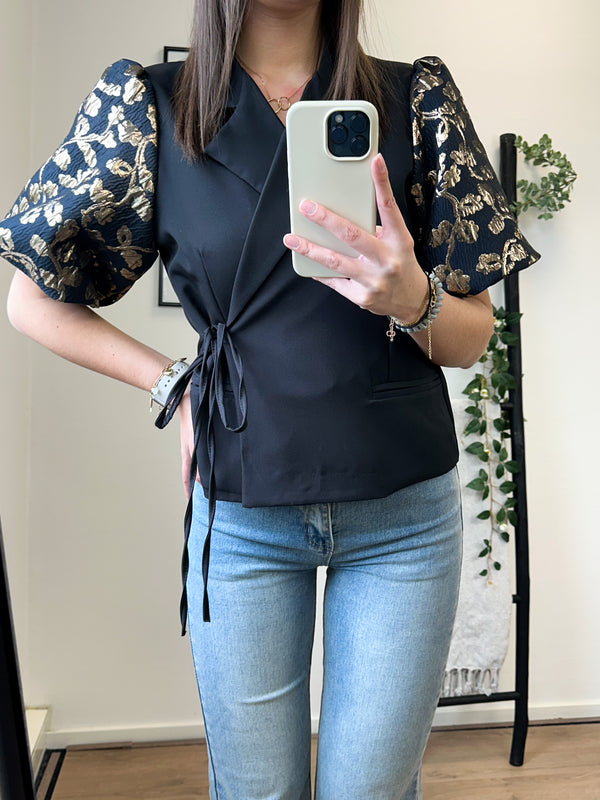 Kaylee Flower Puff Short Sleeve Blazer - Black/Gold