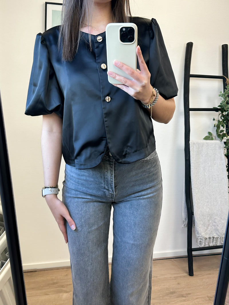 Estelle Puff Sleeve Button Top - Black