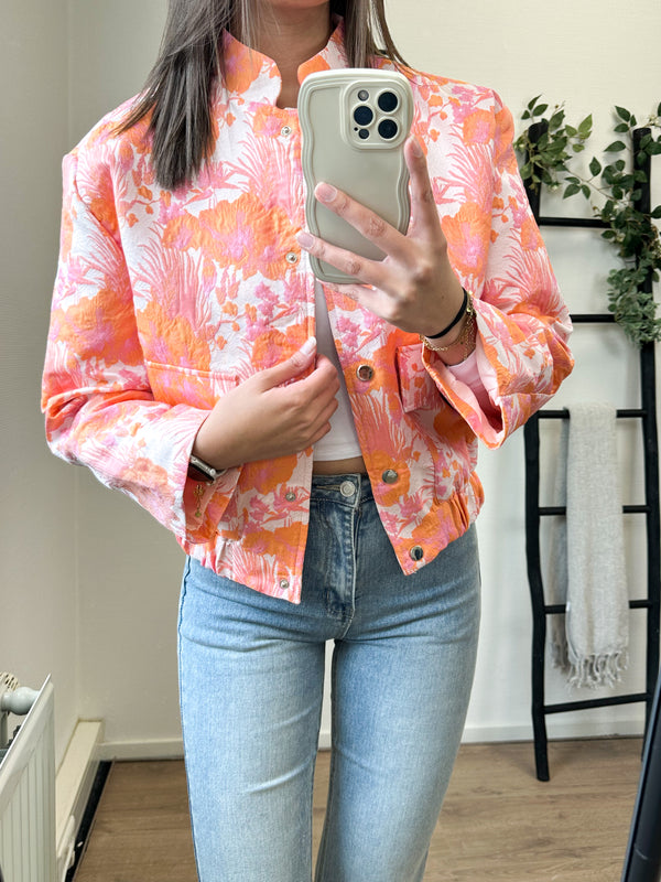 Jade Flower Printed Bomber Jacket - Pink/Orange