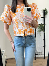 Audry Flower Puff Sleeve Top - Orange