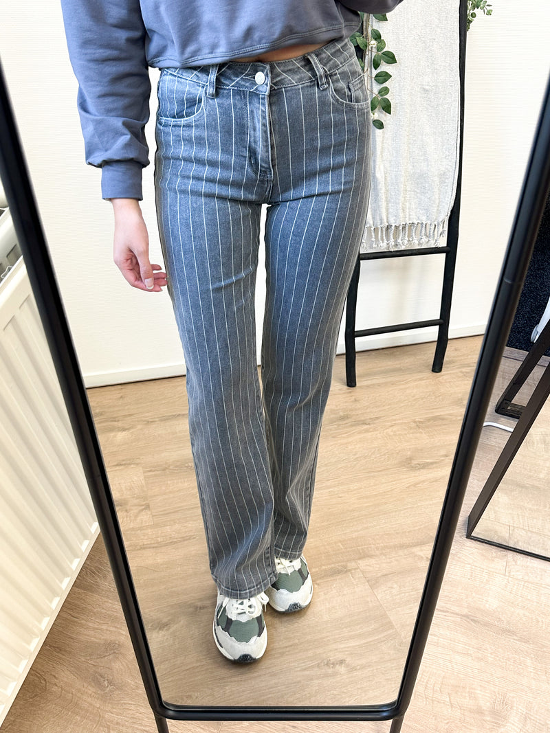 Tracy Striped Wide Leg Stretch Jeans - Grey Denim