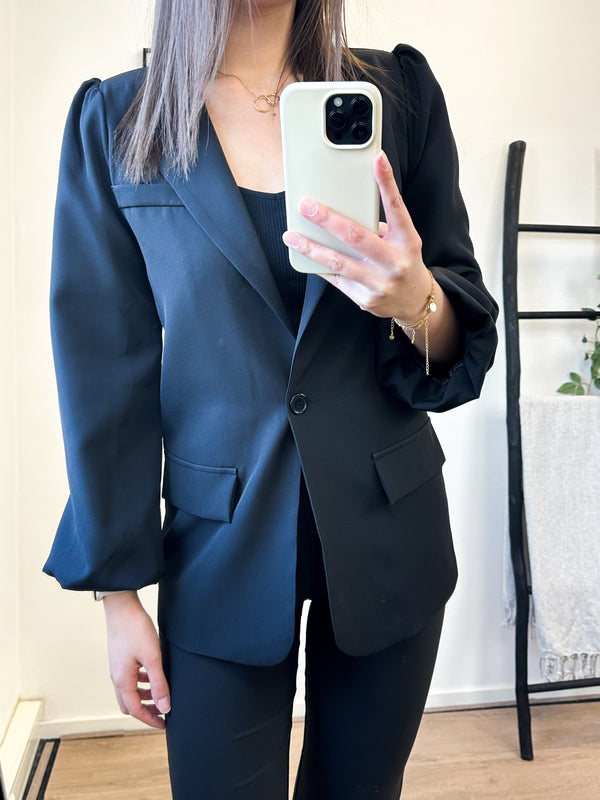 Jennifer Puff Sleeve Belt Blazer - Black
