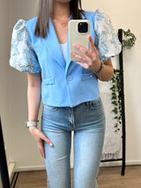 Jenice Flower Puff Short Sleeve Blazer - Light Blue