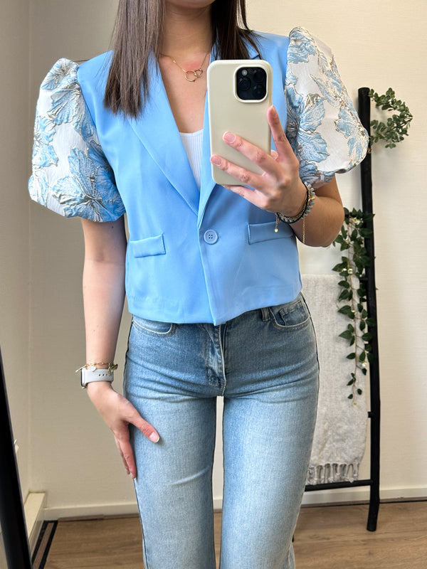 Jenice Flower Puff Short Sleeve Blazer - Light Blue