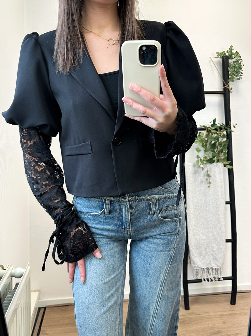 Esmay Lace Sleeve Blazer - Black