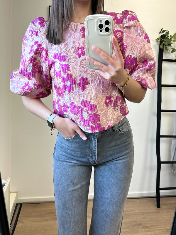 Tara Flower Puff Sleeve Top - Pink