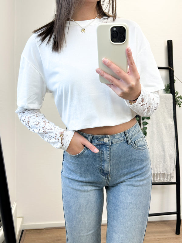Candice Lace Sleeves Basic Tee - White