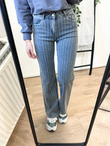 Tracy Striped Wide Leg Stretch Jeans - Grey Denim