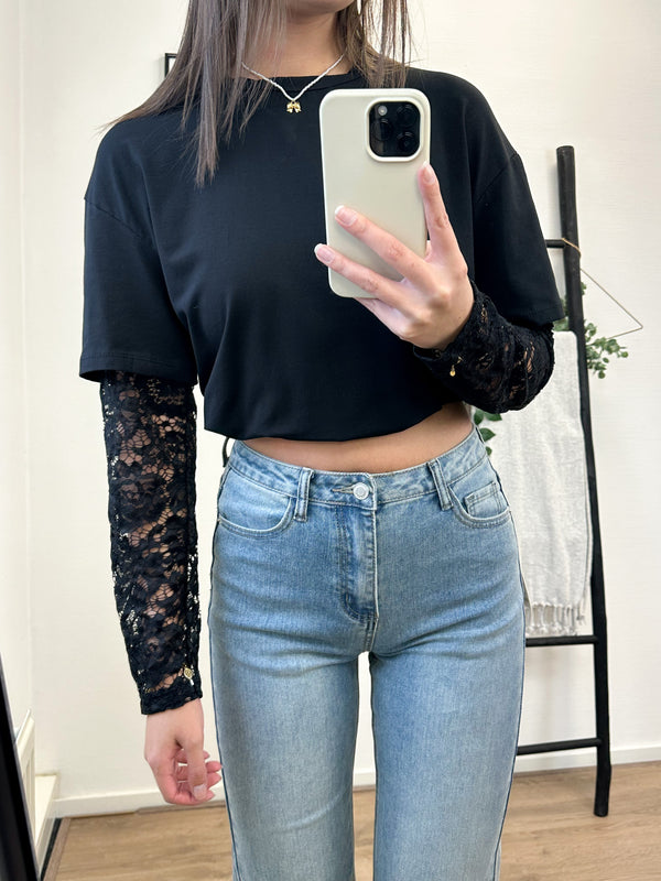 Candice Lace Sleeves Basic Tee - Black