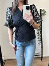 Kaylee Flower Puff Short Sleeve Blazer - Black/Gold