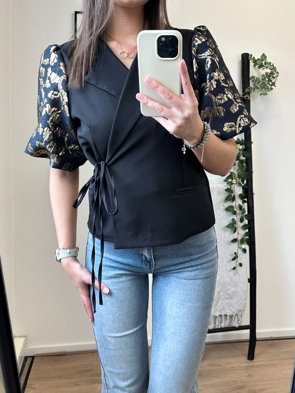Kaylee Flower Puff Short Sleeve Blazer - Black/Gold