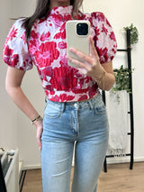 Nathaly Open Back Flower Puff Sleeve Top - Red