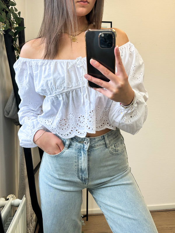 Luca Off Shoulder Broderie Top - White