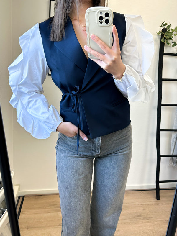 Sherin Ruffle Bow Sleeve Blazer - Navy