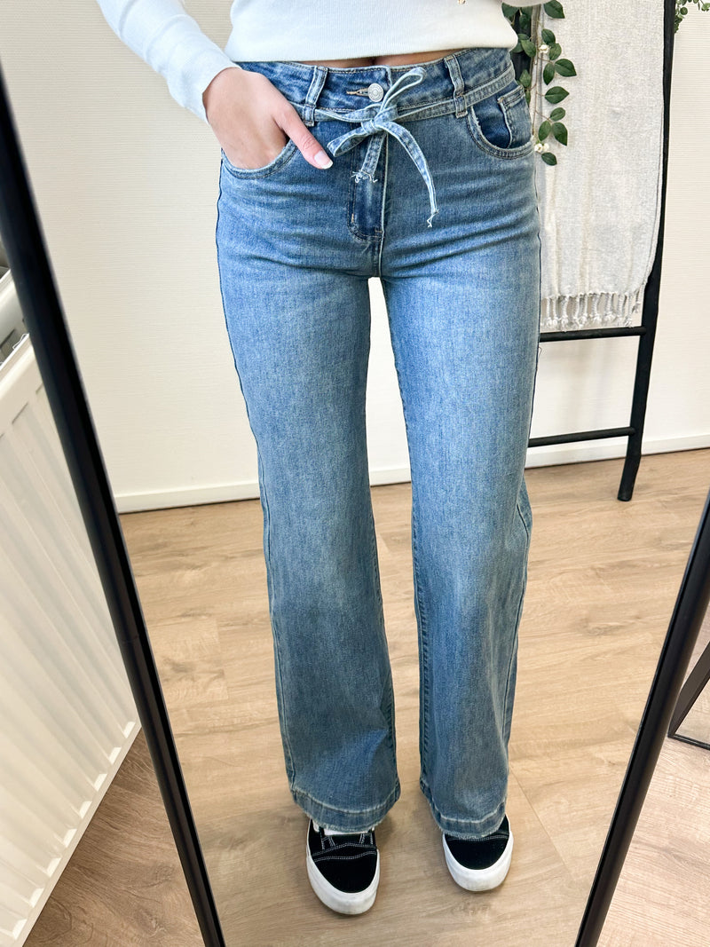 Vanesa Bow Cord Straight Leg Stretch Jeans - Dark Blue Denim