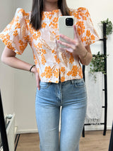 Audry Flower Puff Sleeve Top - Orange