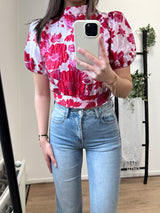 Nathaly Open Back Flower Puff Sleeve Top - Red