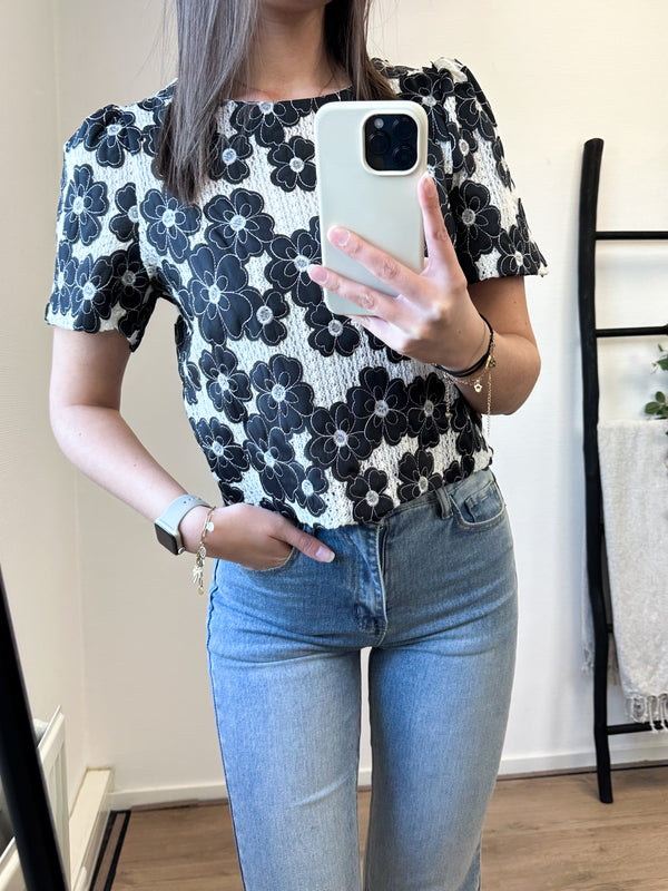 Elayna Flower Printed Top - Ecru/Black