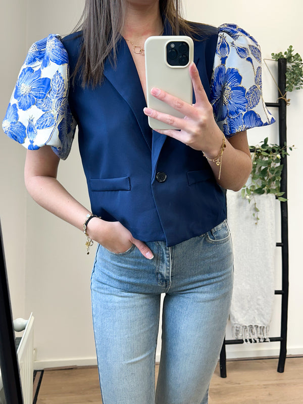 Jenice Flower Puff Short Sleeve Blazer - Dark Blue