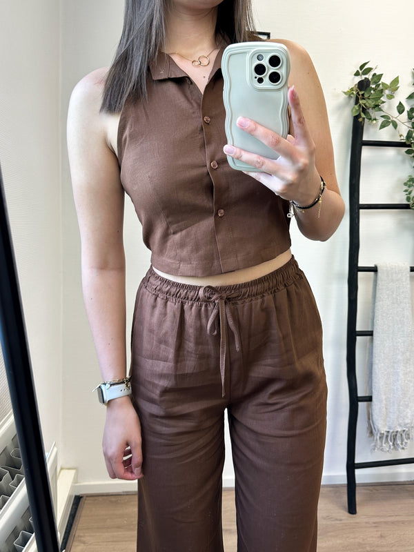 Mindy Linnen Cropped Gilet - Brown