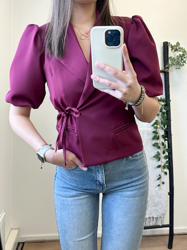 Lorah Bow Short Sleeve Blazer - Bordeaux