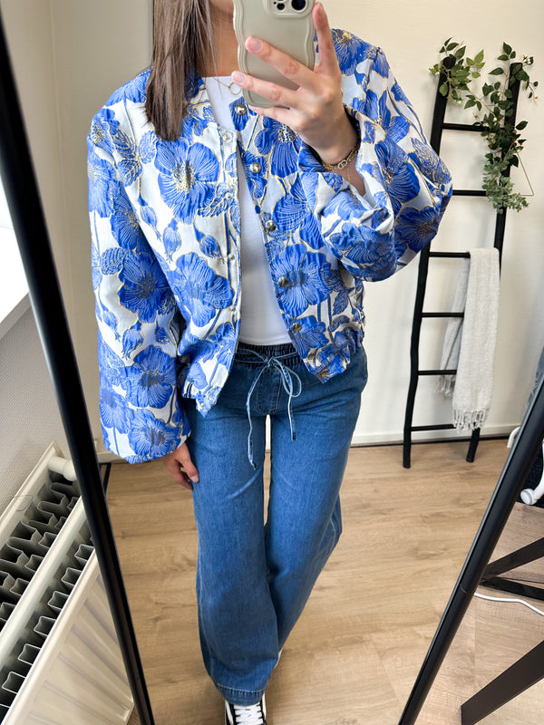 Erica Flower Printed Bomber Jacket - Dark Blue