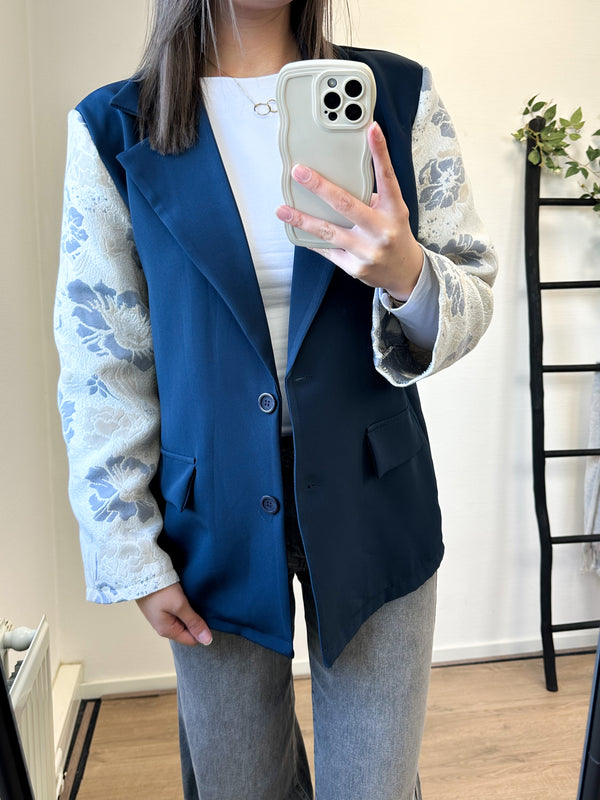 Cindy Printed Sleeve Blazer - Navy