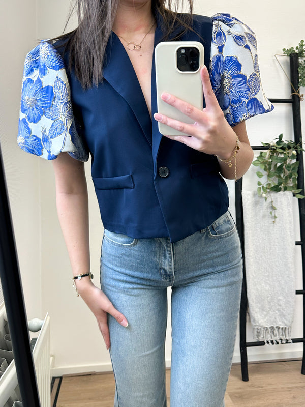 Jenice Flower Puff Short Sleeve Blazer - Dark Blue
