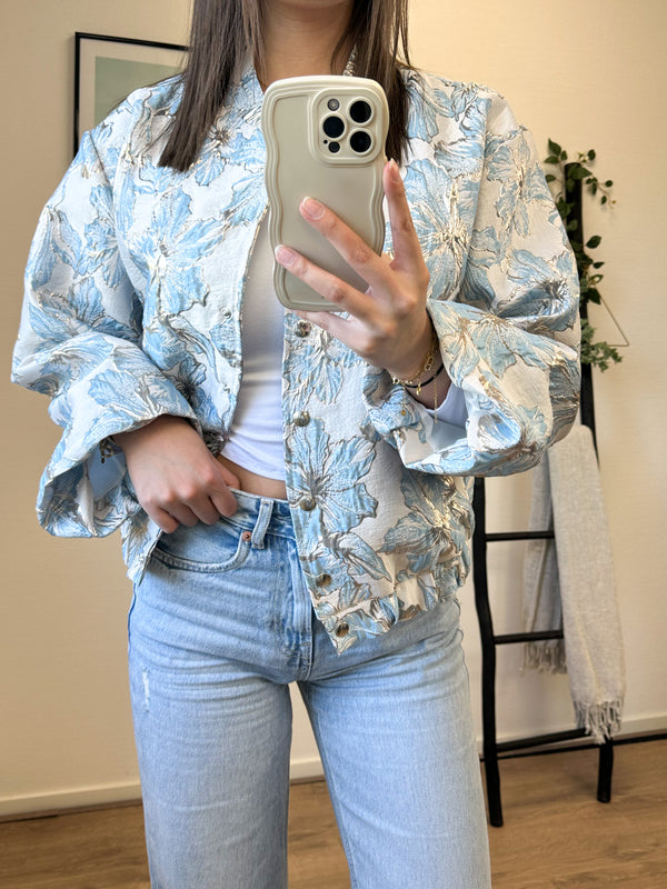Erica Flower Printed Bomber Jacket - Light Blue