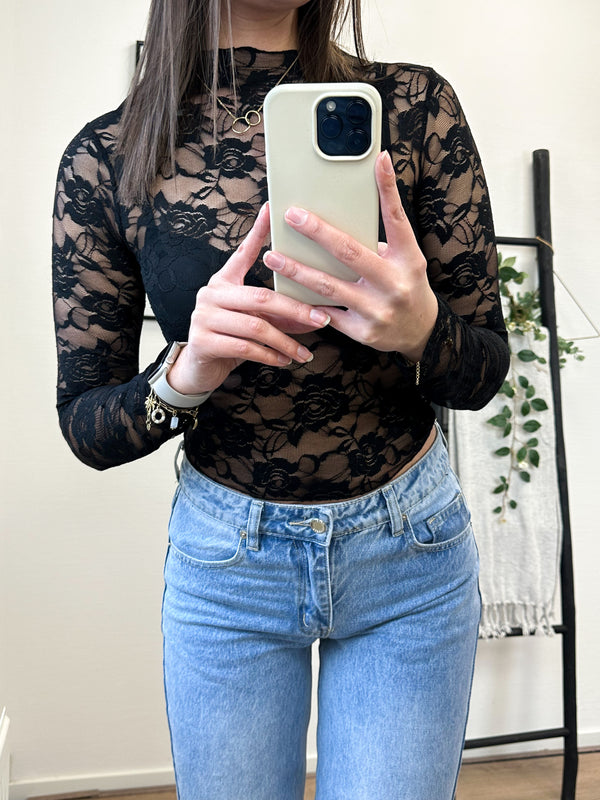 Roses Lace Printed Top - Black