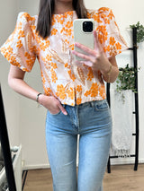 Audry Flower Puff Sleeve Top - Orange