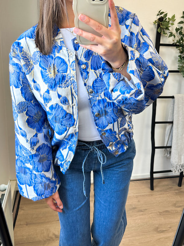 Erica Flower Printed Bomber Jacket - Dark Blue